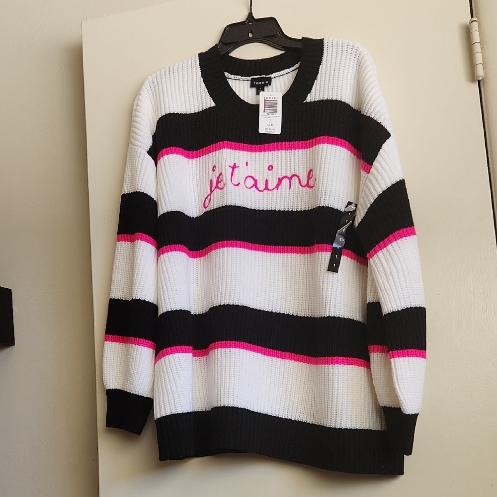 NWT Torrid Black/White/Pink Striped Sweater 1X